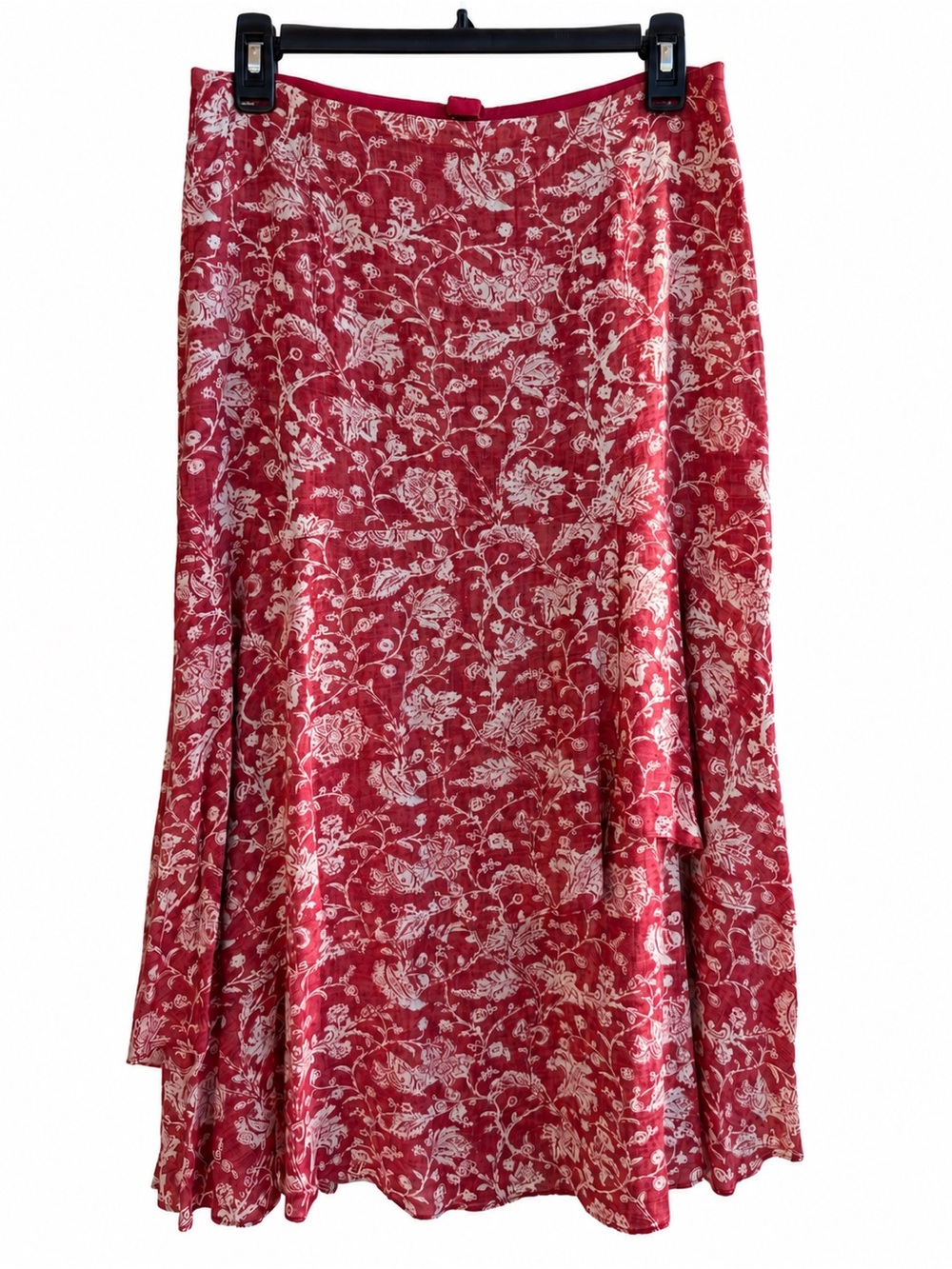 Peruvian Connection Red Floral Viscose Midi Skirt Women Size 6 Boho Layered Hem - Picture 3 of 12